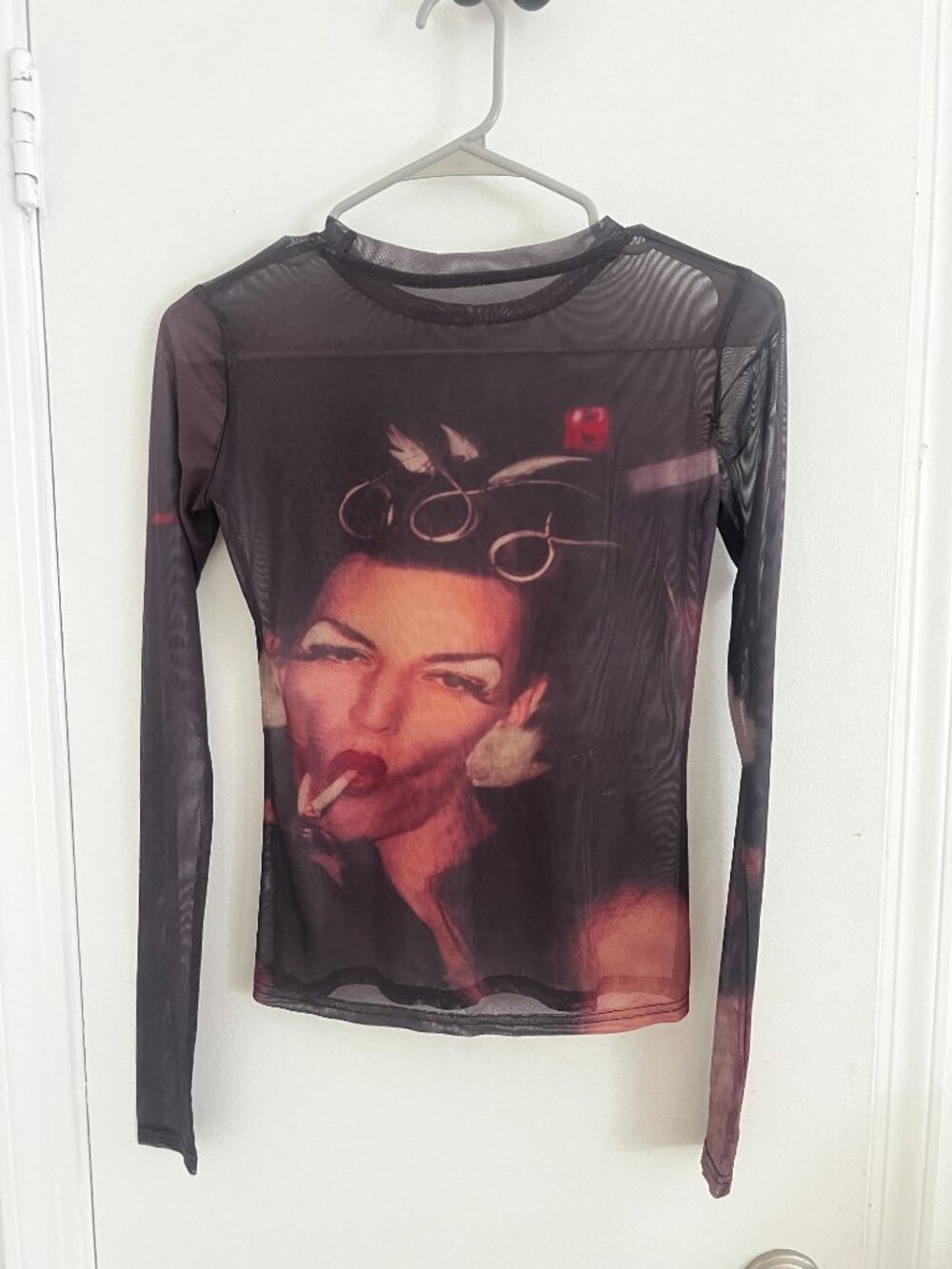 Sheer Mesh Photo Print Long Sleeve Top Size Small